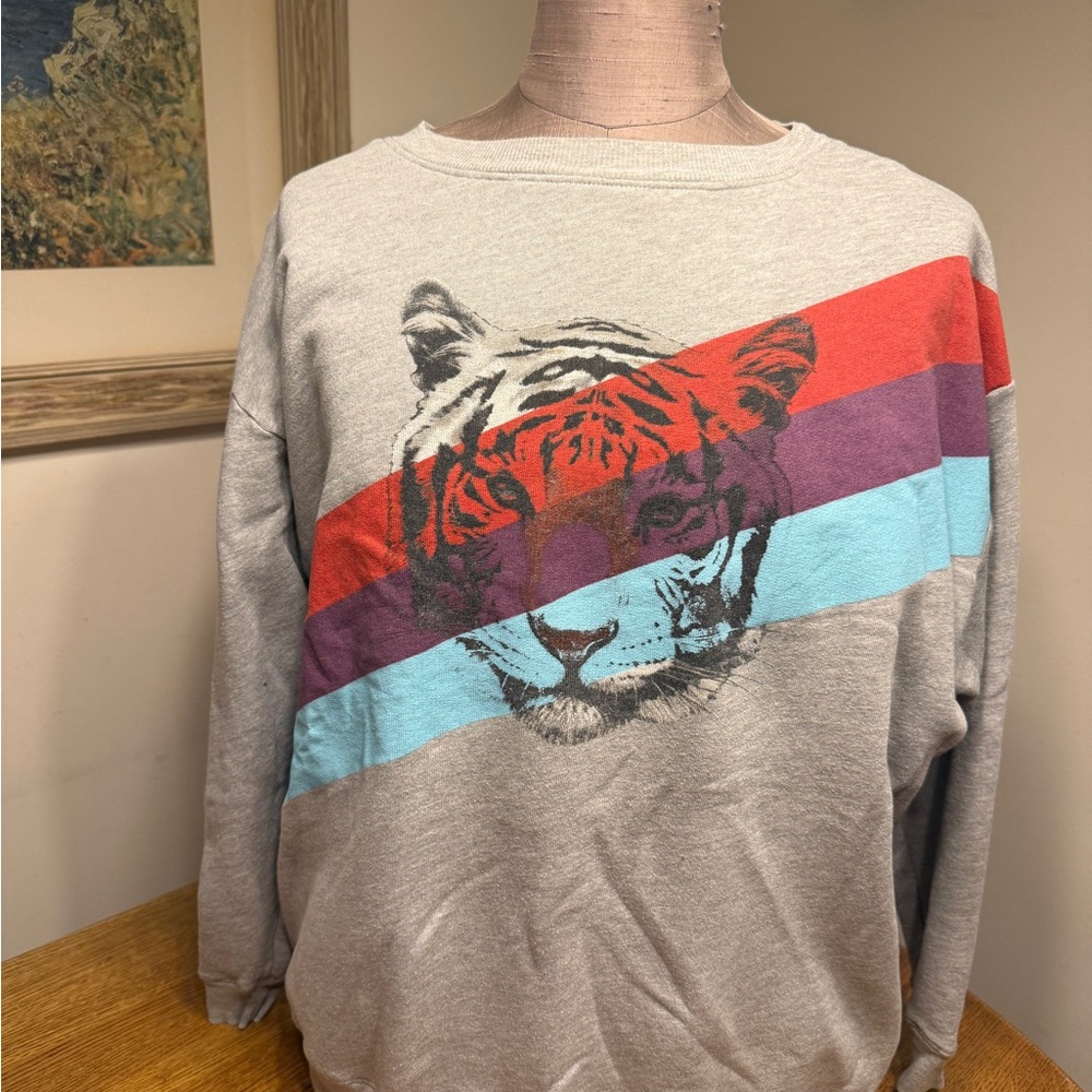 Wildfox Gray Sweatshirt with Tiger and Colorful Stripes